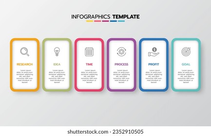 Proceso de plantilla de infografía de negocio con cuadrado de geometría simple, rectángulo, círculo, triángulo, curvas en plantilla de diseño plano con iconos de línea delgada y 6 opciones o pasos. Ilustración vectorial.