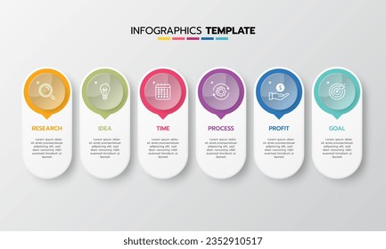 Business infographic template process with simple geometry square, rectangle, circle, triangle, curves in flat design template with thin line icons and 6 options or steps. Vector illustration.