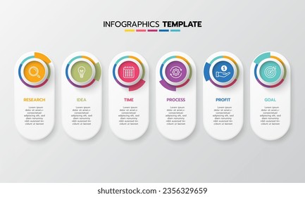 Proceso de plantilla de infografía de negocio con cuadrado de geometría simple, rectángulo, círculo, triángulo, curvas en plantilla de diseño plano con iconos de línea delgada y 6 opciones o pasos. Ilustración vectorial.