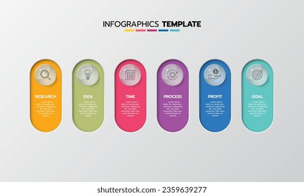 Business infographic template process with simple geometry square, rectangle, circle, triangle, curves in flat design template with thin line icons and 6 options or steps. Vector illustration.