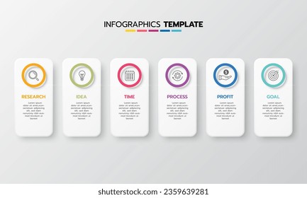 Proceso de plantilla de infografía de negocio con cuadrado de geometría simple, rectángulo, círculo, triángulo, curvas en plantilla de diseño plano con iconos de línea delgada y 6 opciones o pasos. Ilustración vectorial.