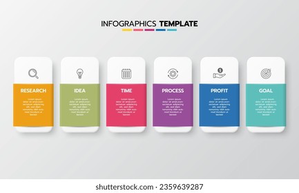 Business infographic template process with simple geometry square, rectangle, circle, triangle, curves in flat design template with thin line icons and 6 options or steps. Vector illustration.