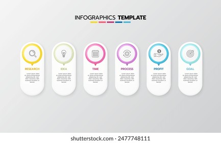Business infographic template process with simple geometry square, rectangle, circle, triangle, curves in flat design template with thin line icons and 6 options or steps. Vector illustration.