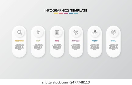 Business infographic template process with simple geometry square, rectangle, circle, triangle, curves in flat design template with thin line icons and 6 options or steps. Vector illustration.