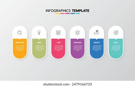 Business infographic template process with simple geometry square, rectangle, circle, triangle, curves in flat design template with thin line icons and 6 options or steps. Vector illustration.