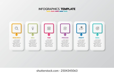 Business infographic template process with simple geometry square, rectangle, circle, triangle, curves in flat design template with thin line icons and 6 options or steps. Vector illustration.