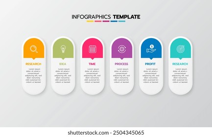 Business infographic template process with simple geometry square, rectangle, circle, triangle, curves in flat design template with thin line icons and 6 options or steps. Vector illustration.