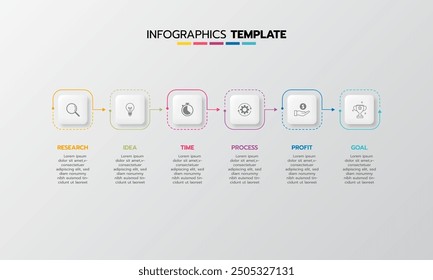 Business-Infografik-Template-Prozess mit einfacher Geometrie Quadrat, Rechteck, Kreis, Dreieck, Kurven in flachen Design-Template mit dünnen Linien Symbole und 6 Optionen oder Schritte. Vektorgrafik.