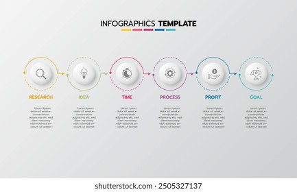 Business infographic template process with simple geometry square, rectangle, circle, triangle, curves in flat design template with thin line icons and 6 options or steps. Vector illustration.