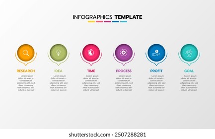 Business infographic template process with simple geometry square, rectangle, circle, triangle, curves in flat design template with thin line icons and 6 options or steps. Vector illustration.