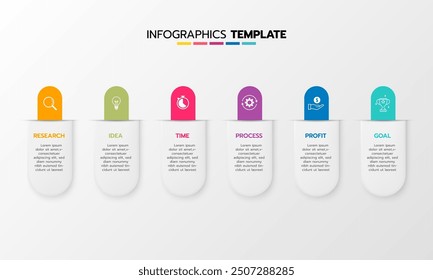 Business infographic template process with simple geometry square, rectangle, circle, triangle, curves in flat design template with thin line icons and 6 options or steps. Vector illustration.