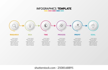 Business infographic template process with simple geometry square, rectangle, circle, triangle, curves in flat design template with thin line icons and 6 options or steps. Vector illustration.