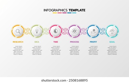 Processo de modelo de infográfico de negócios com geometria simples quadrado, retângulo, círculo, triângulo, curvas em modelo de design plano com ícones de linha fina e 6 opções ou etapas. Ilustração vetorial.