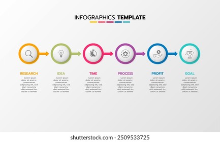 Business infographic template process with simple geometry square, rectangle, circle, triangle, curves in flat design template with thin line icons and 6 options or steps. Vector illustration.