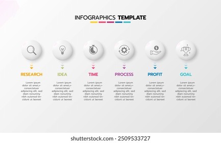 Business infographic template process with simple geometry square, rectangle, circle, triangle, curves in flat design template with thin line icons and 6 options or steps. Vector illustration.
