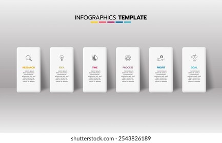 Business infographic template process with simple geometry square, rectangle, circle, triangle, curves in flat design template with thin line icons and 6 options or steps. Vector illustration.