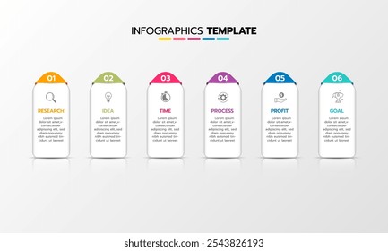 Proceso de Plantilla de infografía de negocios con geometría simple cuadrada, rectángulo, círculo, triángulo, curvas en Plantilla de diseño plano con íconos de línea delgada y 6 opciones o pasos. Ilustración vectorial.