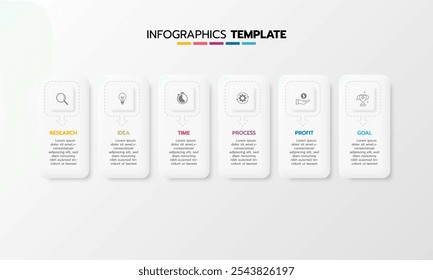 Business infographic template process with simple geometry square, rectangle, circle, triangle, curves in flat design template with thin line icons and 6 options or steps. Vector illustration.
