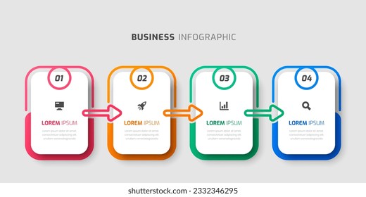 Business Infographic Template with Rectangle Label, Arrows,  4 Numbers and Icon for Presentation