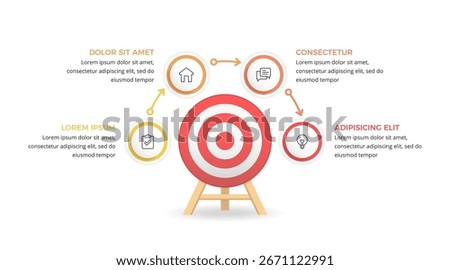 Business infographic template with red target on wooden stand and four information boxes with icons