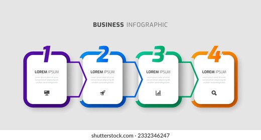 Business Infographic Template with Rounded Label, Arrows, 4 Numbers and Icon for Presentation