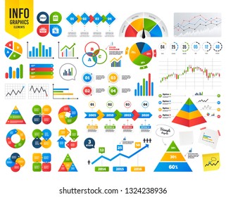 Business infographic template. Sale speech bubble icon. Black friday gift box symbol. Big sale shopping bag. Discount percent sign. Financial chart. Time counter. Vector