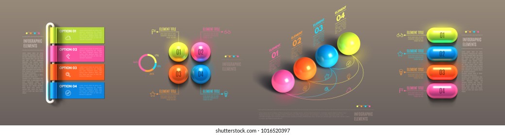 Business infographic template set. Glossy plastic rolled paper, balls, pills. Banner steps, choice chart, cycle, data options, sequence, choice award. 3d realistic Vector Illustration.