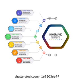 business infographic template with seven realistic hexagonal elements with thin line icons on white background. modern diagram with geometric holes in paper. vector visualisation for presentations