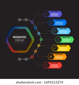 business infographic template with seven realistic hexagonal elements with thin line icons on black background. modern diagram with geometric holes in paper. vector visualisation for presentations