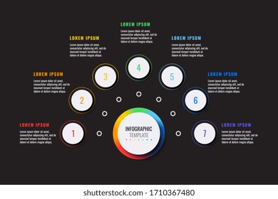 business infographic template with seven round realistic elements on a black background. modern vector data visualisation with textboxes. easy to edit and customize. eps10