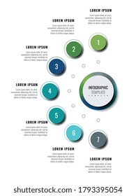 Business infographic template with seven round realistic elements on a white background. Modern vertical progress visualisation with options and descriptions. Vector illustration eps10