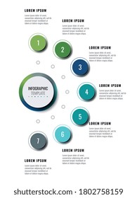 Business-Infografik-Vorlage mit sieben runden realistischen Elementen auf weißem Hintergrund. Moderne vertikale Fortschrittsvisualisierung mit Optionen und Beschreibungen. Vektorgrafik eps10