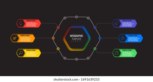 business infographic template with six realistic hexagonal elements with thin line icons on black background. modern diagram with geometric holes in paper. vector visualisation for presentations