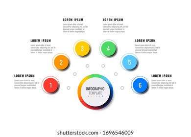 business infographic template with six round realistic elements on a white background. modern vector data visualisation with textboxes. easy to edit and customize. eps10