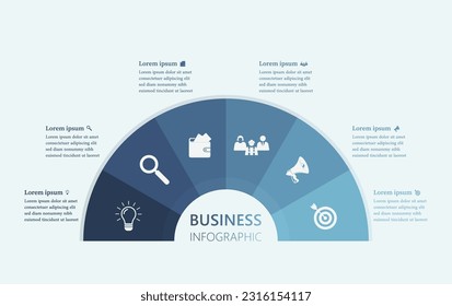 Infografik-Vorlage für Unternehmen, Halbkreis für sechs Arbeitsabläufe, Darstellung des Werbeschilds