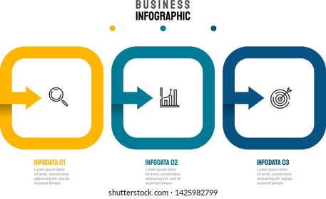 Business infographic template. Square element with arrow design for presentations, info chart, graph, diagram. Timeline with 3 options, steps or processes. Vector illustration.