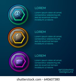 Business infographic template with text colorful glossy web buttons and icons on dark blue background vector illustration