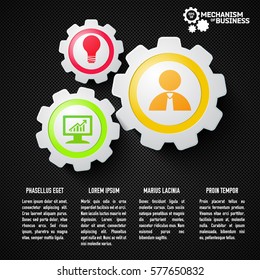 Business infographic template with text mechanical gears and colorful icons on dark netting background vector illustration