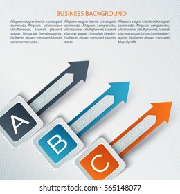 Business infographic template with text three colorful arrows squares on striped gray background isolated vector illustration