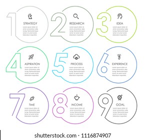 Business Infographic template. Thin line design with numbers 9 options or steps.