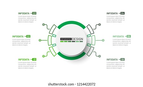 Business infographic template. Thin line process with 6 option, green concept. Vector illustration.