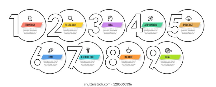 Business Infographic template. Thin line design with numbers 9 options or steps.