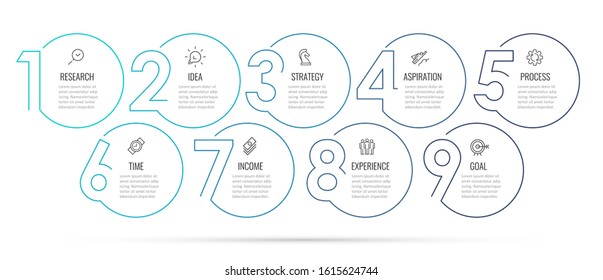 Business Infographic template. Thin line design with numbers 9 options or steps.