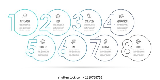 Business Infographic template. Thin line design with numbers 8 options or steps.