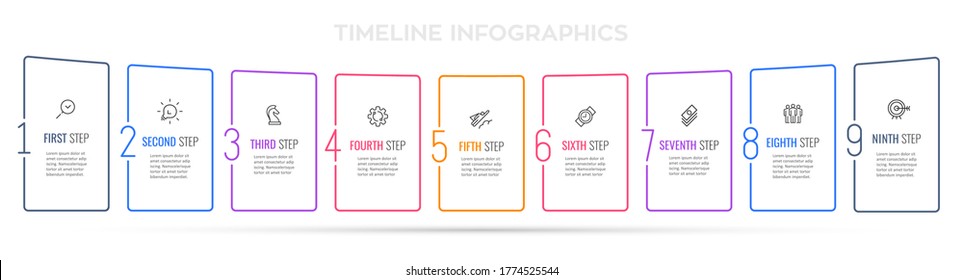 Business Infographic template. Thin line design with icons and 9 options or steps.