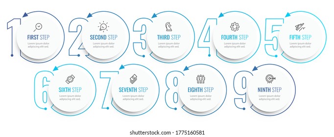 Business Infographic template. Thin line design with numbers 9 options or steps.