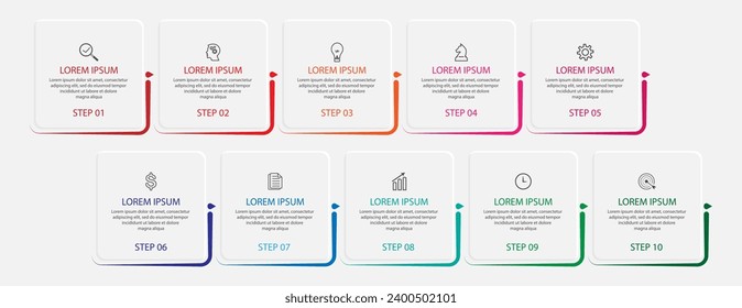 Informationsvorlage für Unternehmen. Thin-Line-Design mit Symbolen, Text, Nummer und 10 Optionen oder Schritten. verwendet für Prozessdiagramme, Workflow-Layouts, Banner.