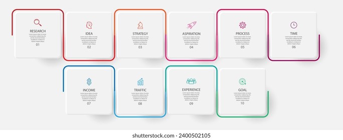 plantilla de infografía de negocios. diseño de línea delgada con iconos, texto, número y 10 opciones o pasos. se utiliza para diagramas de procesos, diseños de flujo de trabajo, banner.