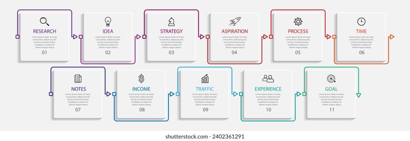 business infographic template. thin line design
with icons, text, number and 11 options or steps.
used for process diagrams, workflow layouts, flowcharts, infographics, and your presentations
