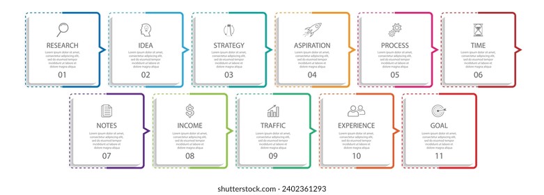 business infographic template. thin line design
with icons, text, number and 11 options or steps.
used for process diagrams, workflow layouts, flowcharts, infographics, and your presentations
